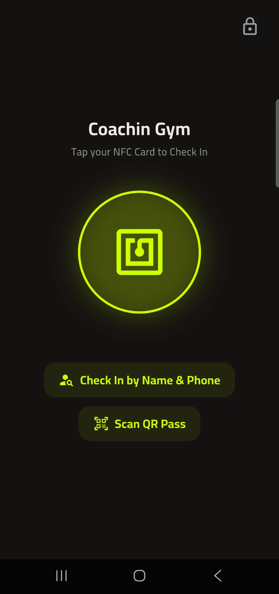 CoachIn check-in kiosk screen asking members to tap their NFC card, with options to check in by name and phone or scan a QR pass