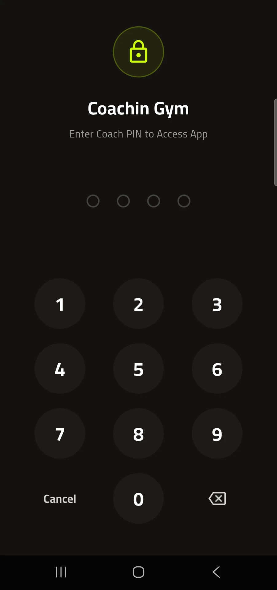 CoachIn coach PIN screen protecting access to the app