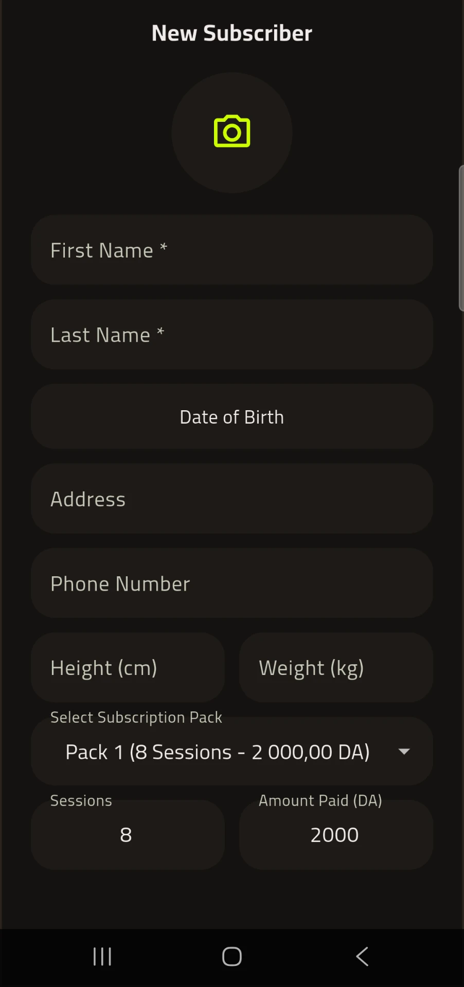 Add a member with photo, details, package, sessions, and amount paid.